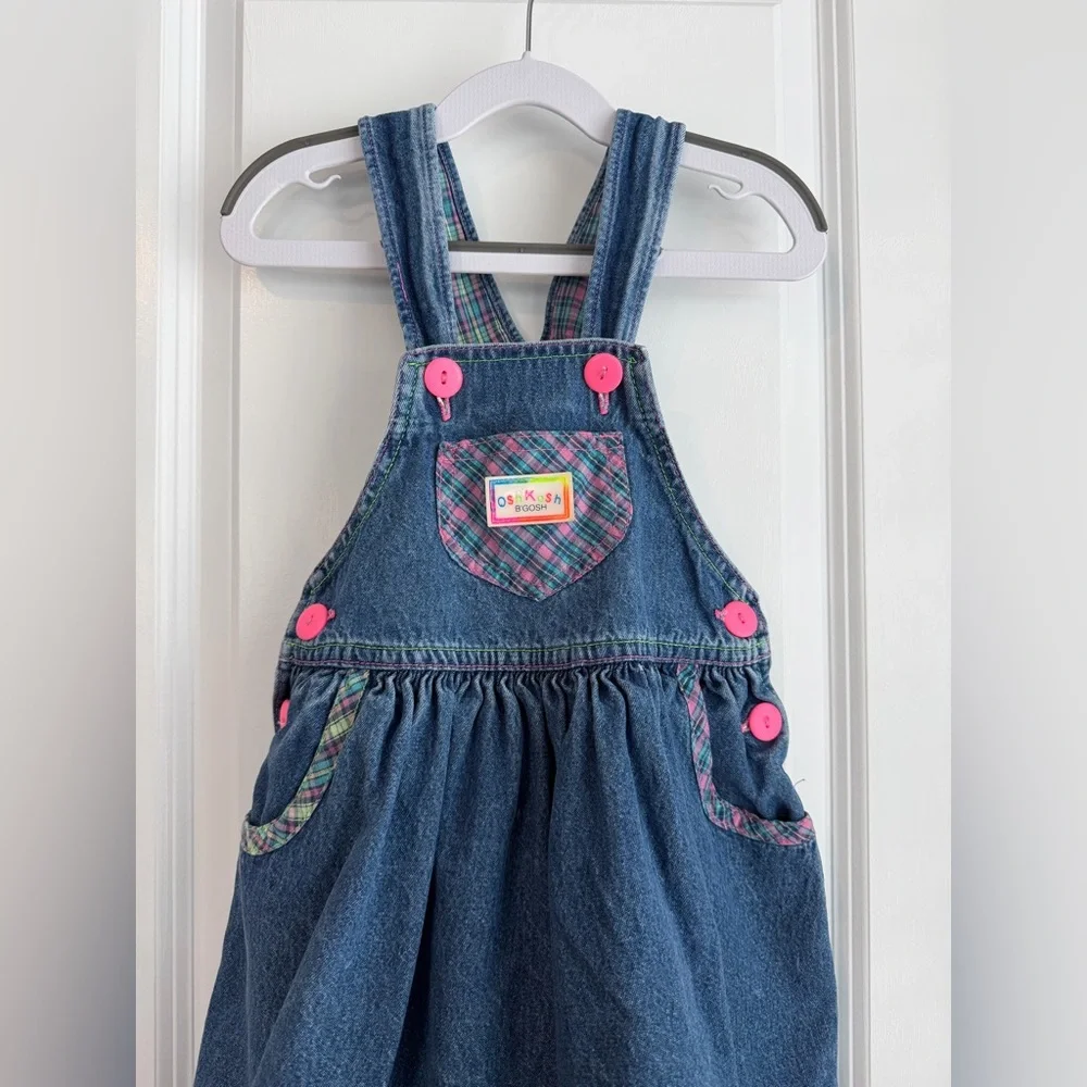 Vintage OshKosh Made in USA Girls Denim Neon Plaid Dress Size 6
